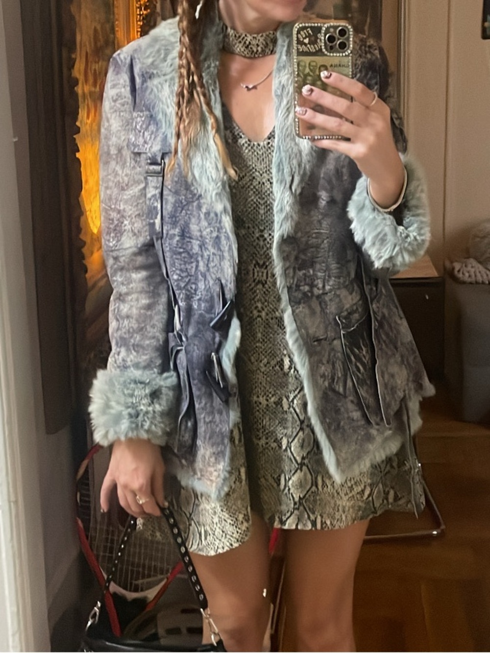 Suede & fur Jacket in Light Blue-Grey